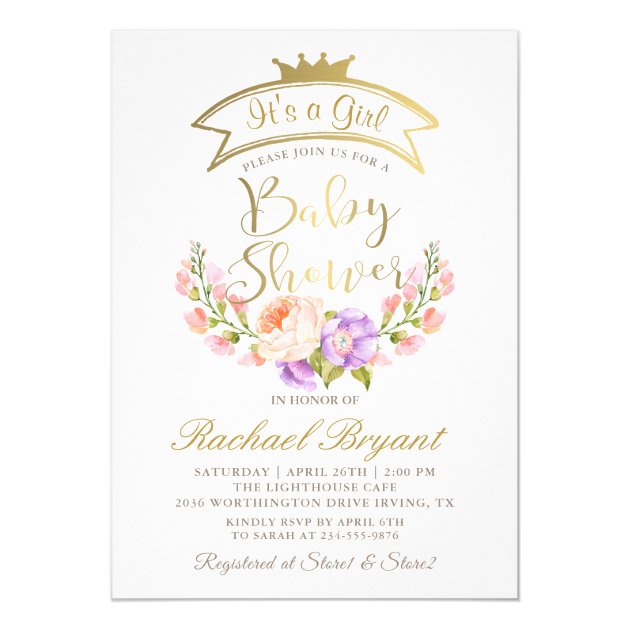 Girly Gold Crown Elegant Pink Floral Baby Shower Invitation