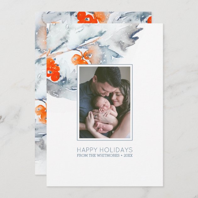 Watercolor Winter Berry Happy Holidays Photo Holiday Card