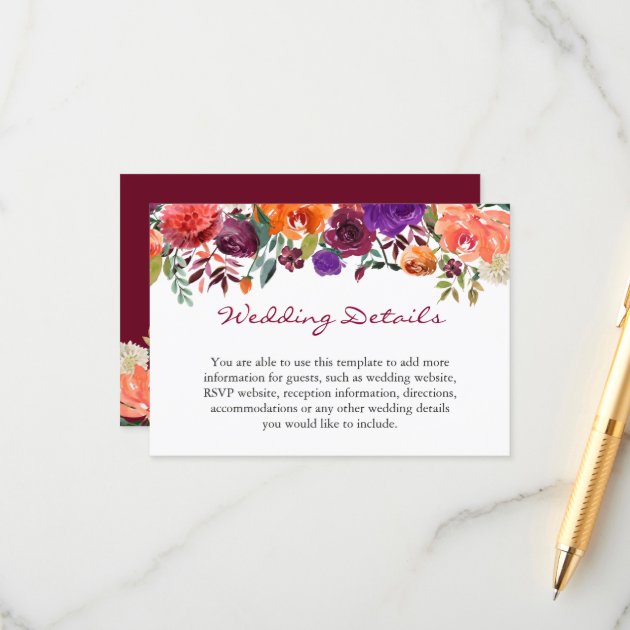 Burgundy Orange Floral Wedding Reception Details Enclosure Card