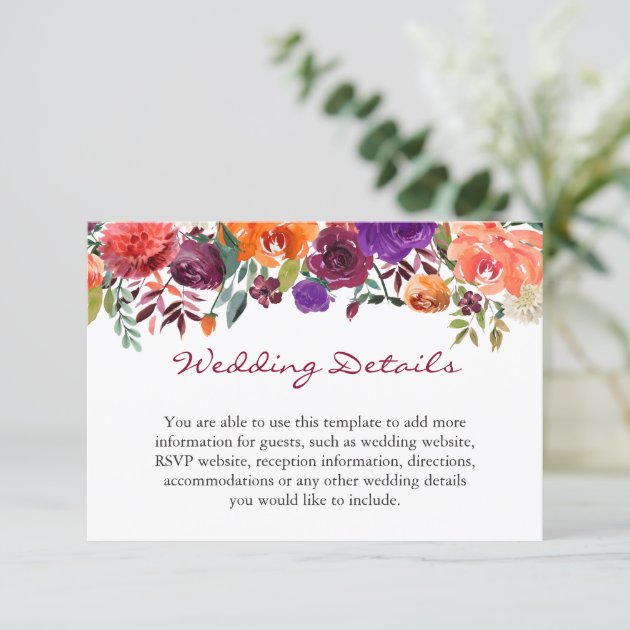 Burgundy Orange Floral Wedding Reception Details Enclosure Card
