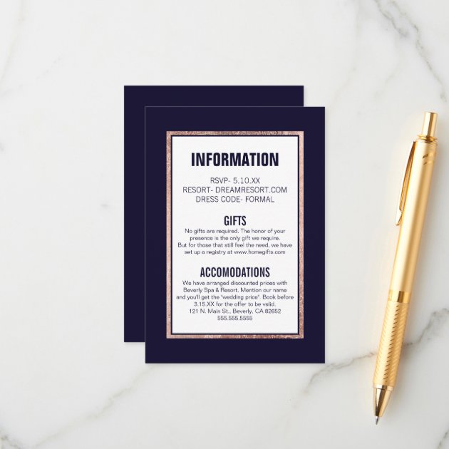 Simple Rose Gold Lined Navy Blue Wedding Details Enclosure Card