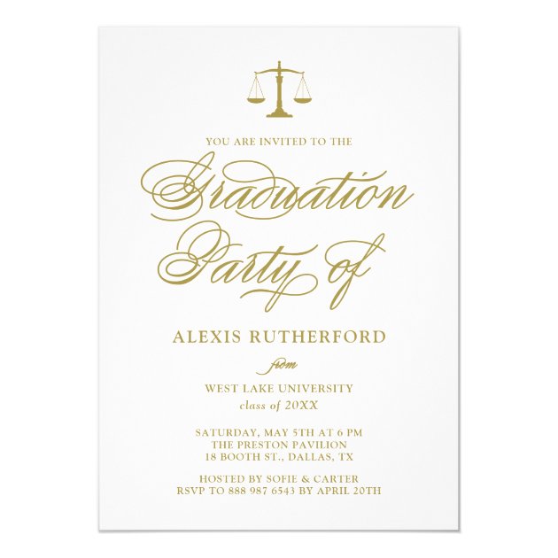 Gold Elegant Script Law School Graduation Invitation