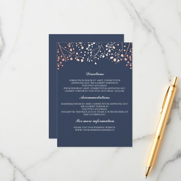 Baby's Breath Rose Gold And Navy Wedding Details Enclosure Card