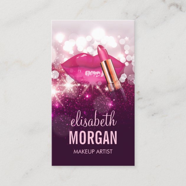 Makeup Artist Red Lips Pink Glitter Sparkling Business Card (front side)
