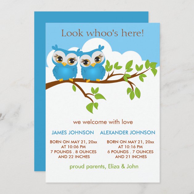 Sweet Twins Owls Baby Boy Birth Announcement Invitation