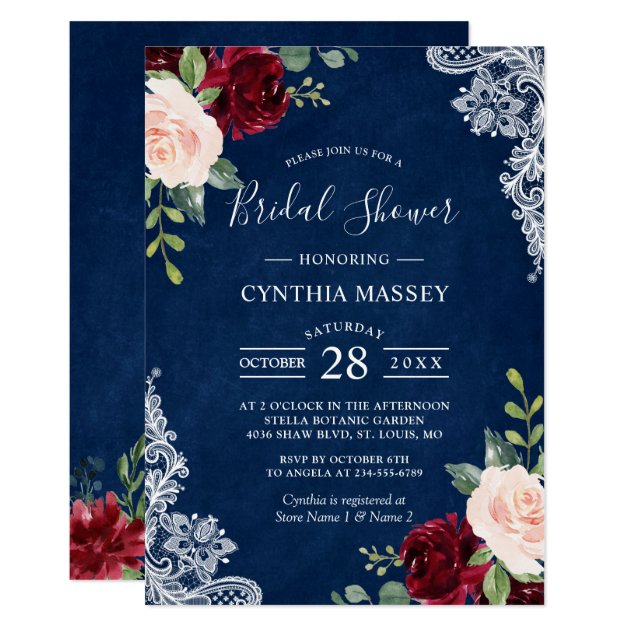 Navy Blue Burgundy Blush Floral Lace Bridal Shower Invitation