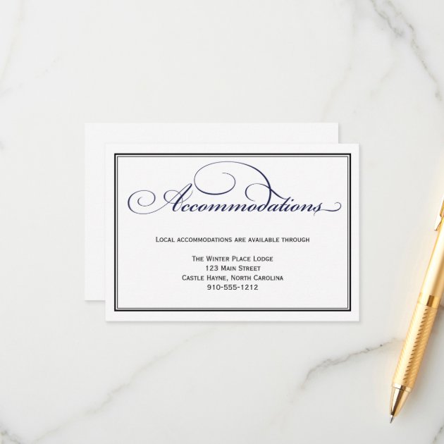 Navy Blue Wedding Accommodations Detail Card
