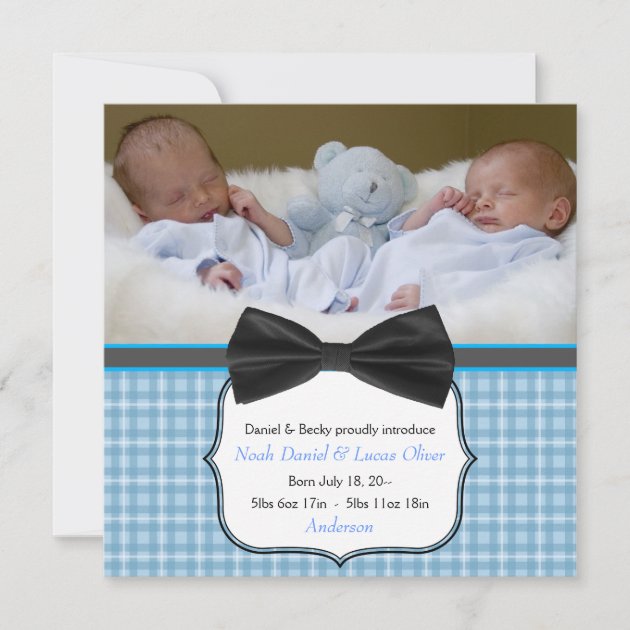 Bow Tie Twin Baby Boy Photo Birth Announcement