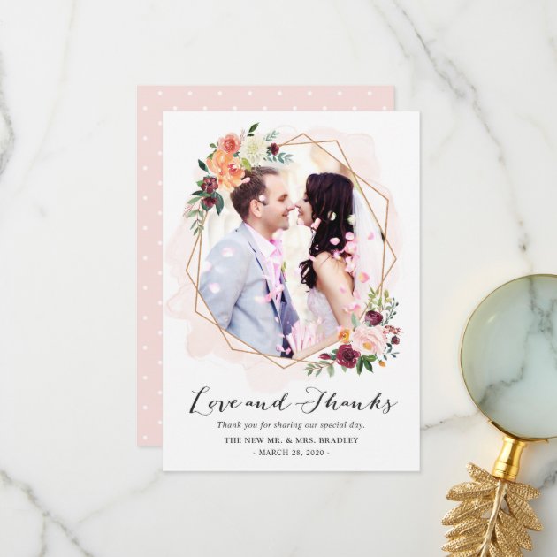 Modern Watercolor Floral Wedding Photo Thank You