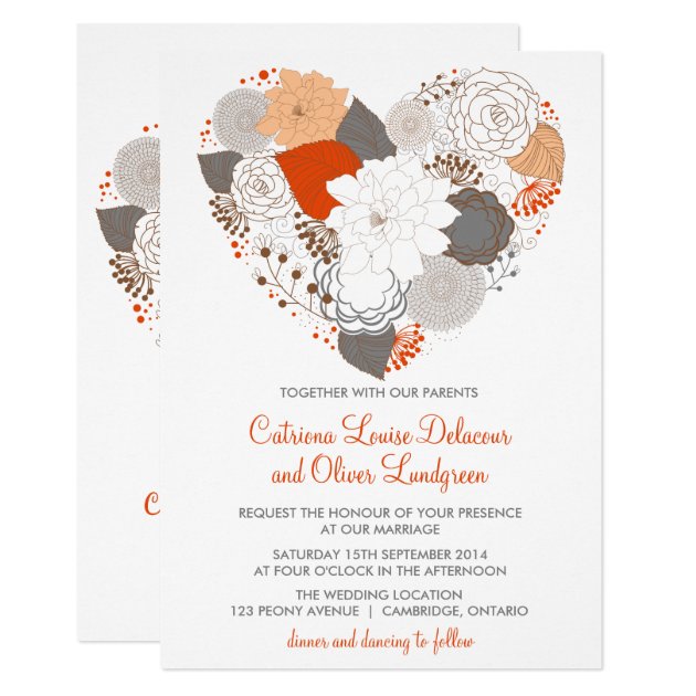 Gray And Orange Heart Flowers Wedding Invitation