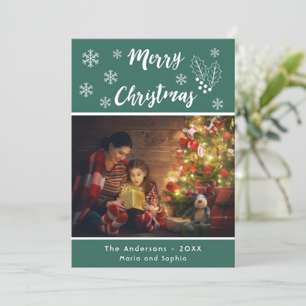 Merry Christmas Photo Card Green And White Script