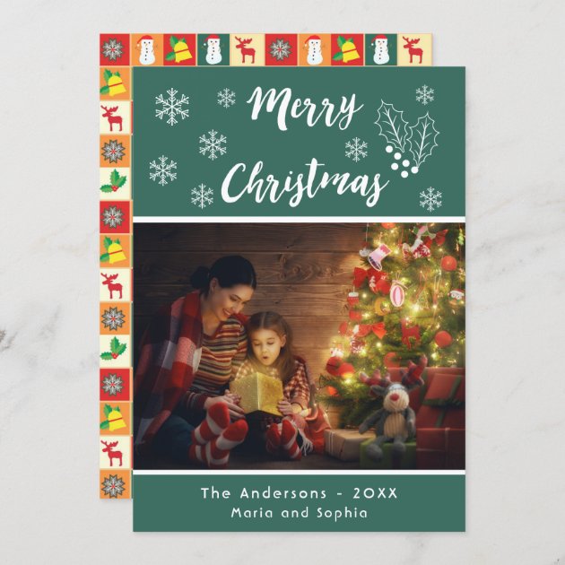 Merry Christmas Photo Card Green And White Script