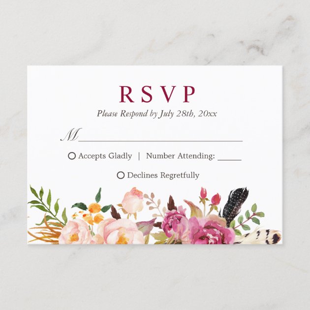Bohemian Feather Rustic Floral Boho RSVP