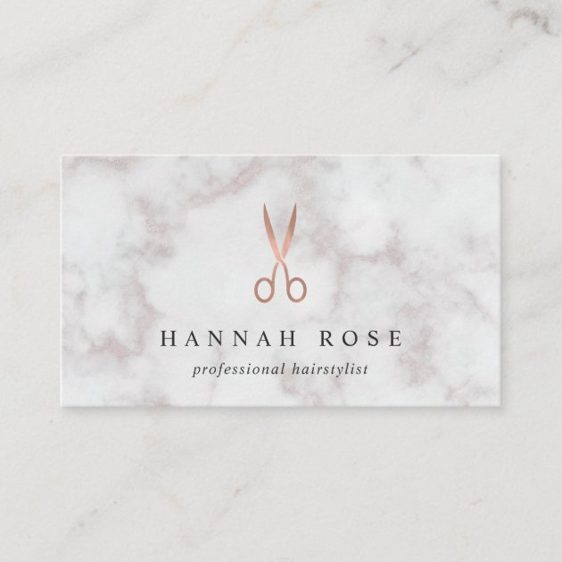 Marble & Rose Gold Scissors Logo Hairstylist Business Card (front side)