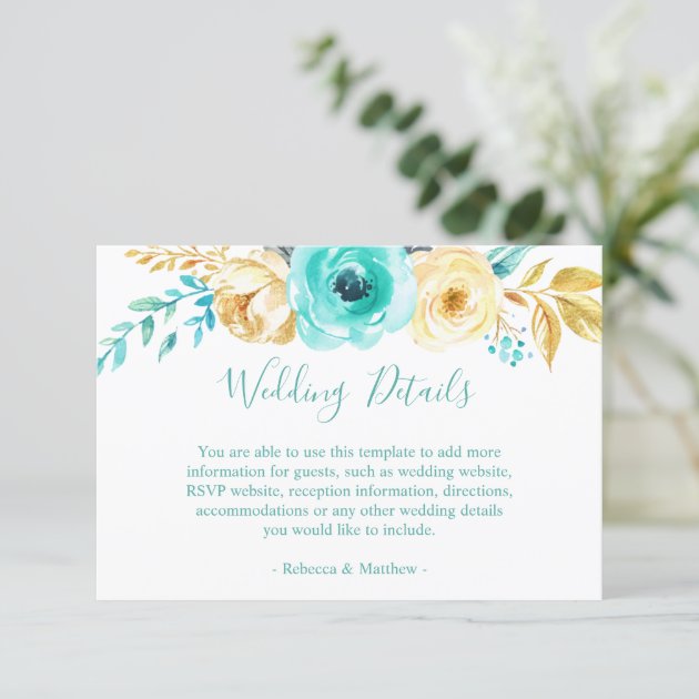 Chic Turquoise Gold Floral Wedding Details Info Enclosure Card