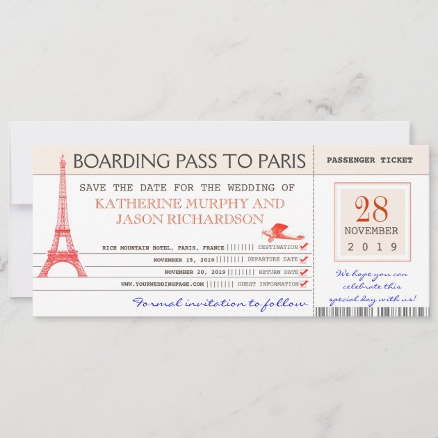 save the date boarding pass to paris france