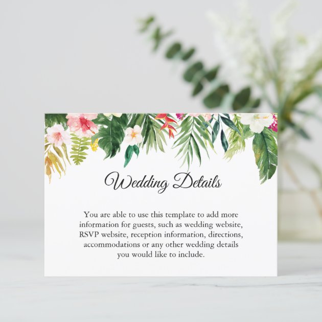 Tropical Leave Floral Wedding Reception Details Enclosure Card