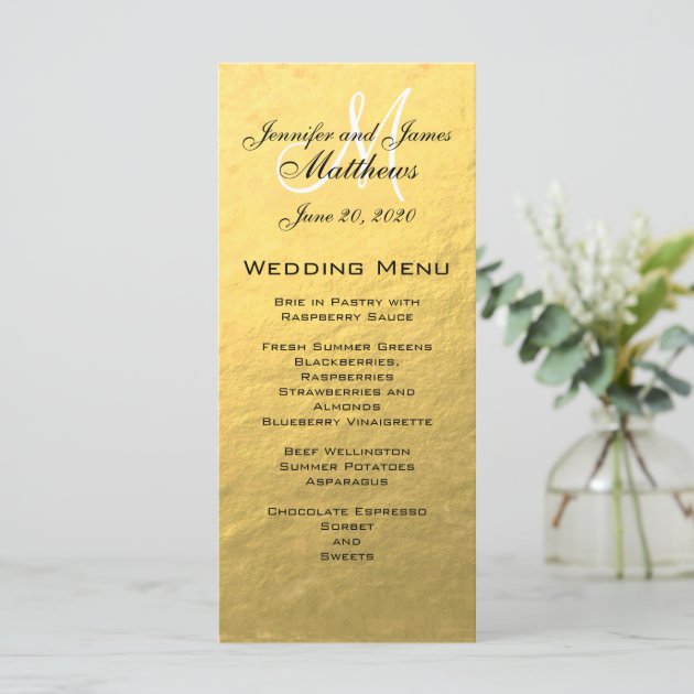 Gold Monogram Wedding Menu Card