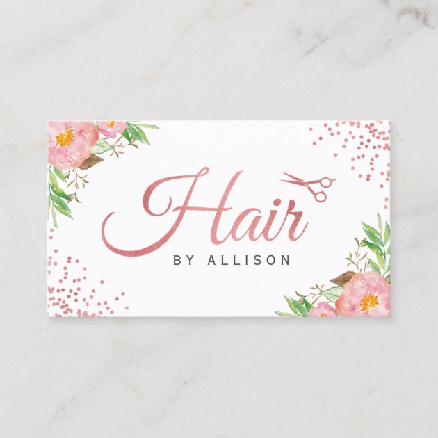 Trendy Rose Gold Scissors Floral Hair Stylist Business Card (front side)