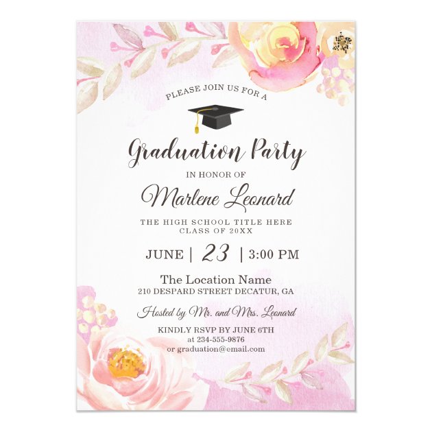 Watercolor Pink Gold Rose Garden Graduation Party Invitation