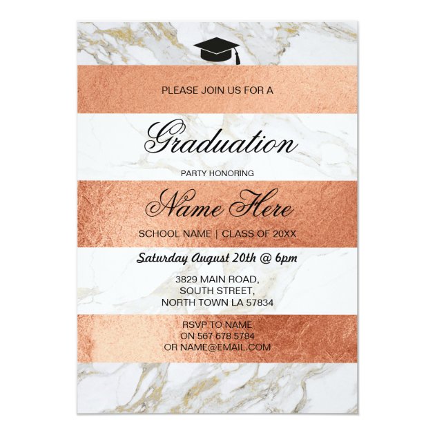 Graduation Party Invite Stripe White Marble Gold