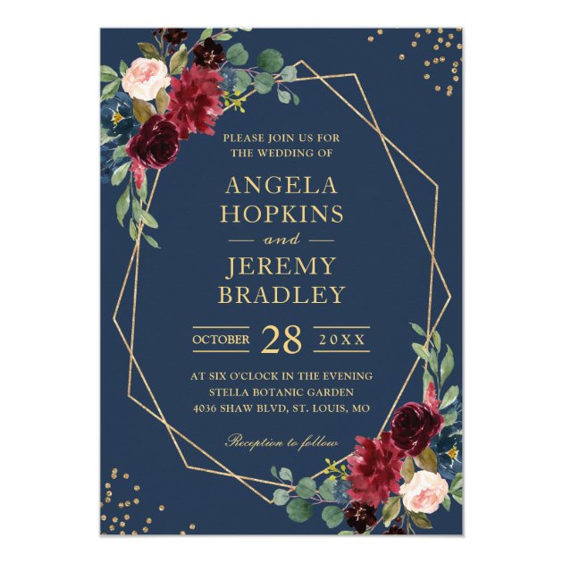 Navy Blue Burgundy Floral Gold Geometric Wedding Invitation