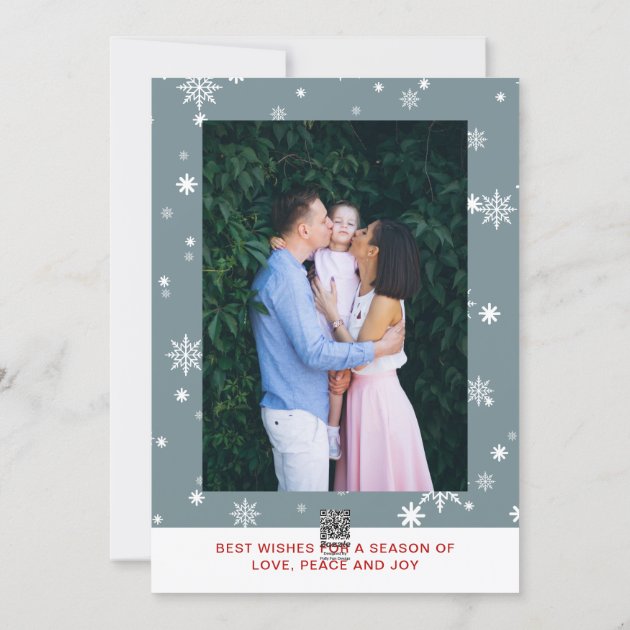 Elegant White Script Rejoice Snowflakes 2 Photo Holiday Card
