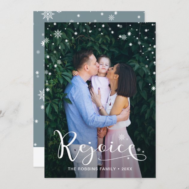 Elegant White Script Rejoice Snowflakes 2 Photo Holiday Card