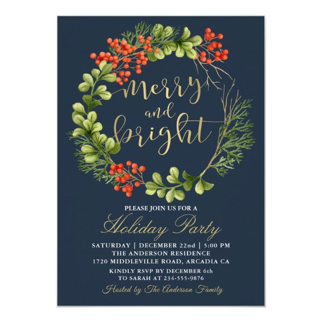 Navy Blue Merry Bright Holly Berries Holiday Party Invitation