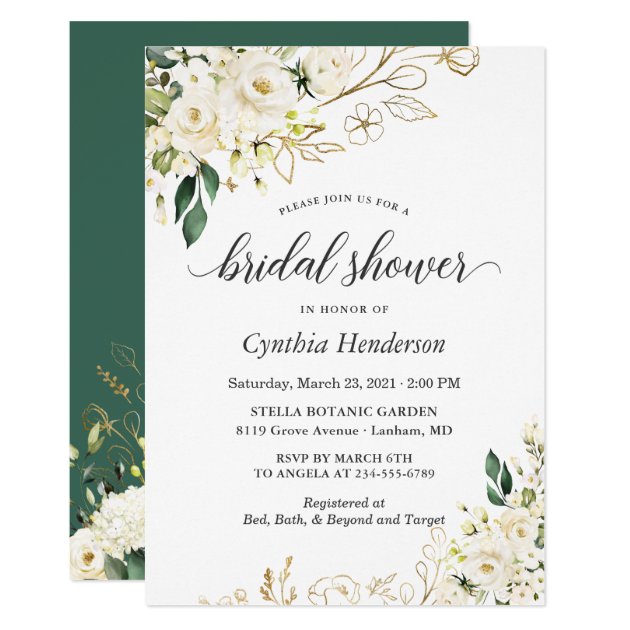 Greenery White Rose Floral Gold Bridal Shower Invitation