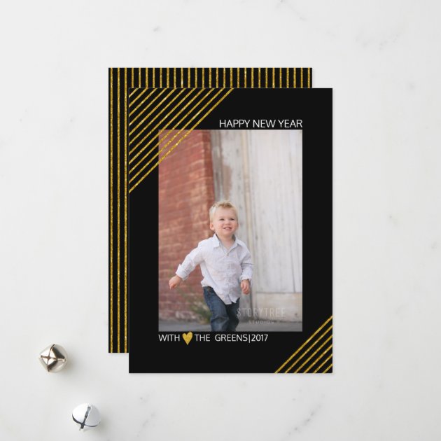 Gold Glitter Stripes New Year Trendy Black Photo Holiday Card