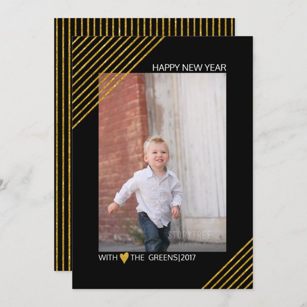 Gold Glitter Stripes New Year Trendy Black Photo Holiday Card