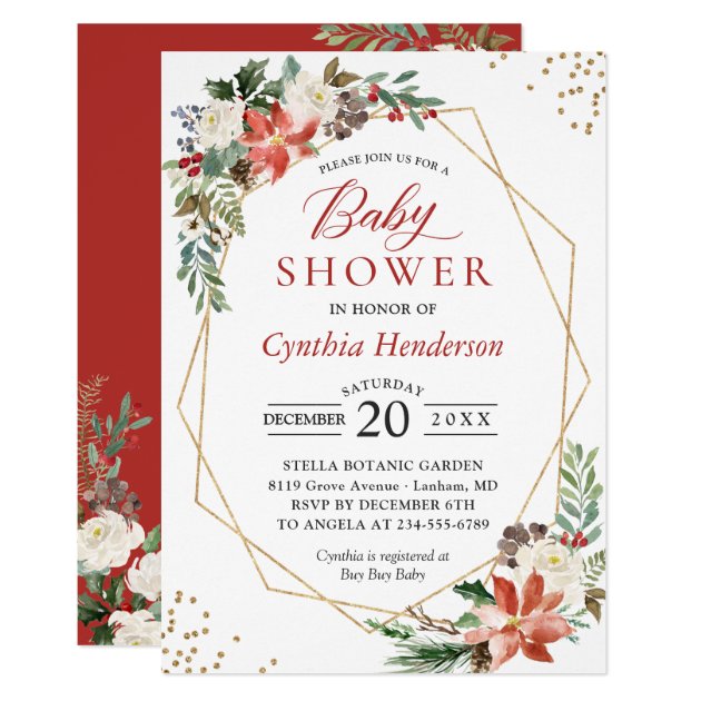 Ivory Red Poinsettia Floral Christmas Baby Shower Invitation