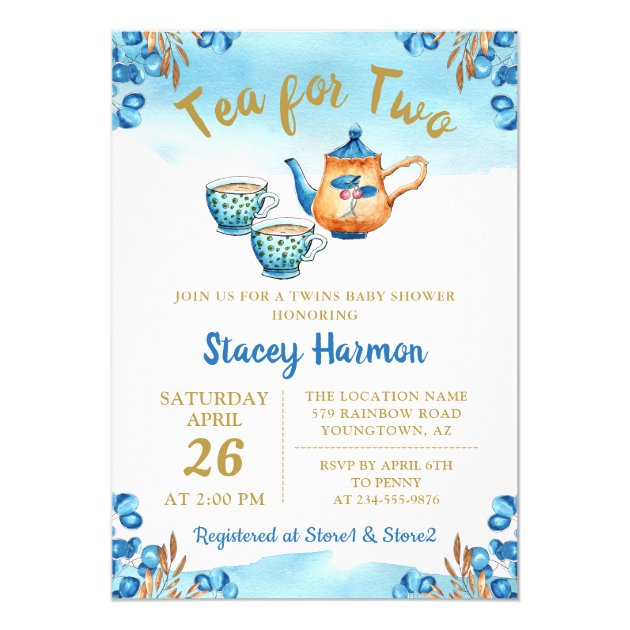 Twin Boys Tea Party Blue Watercolor Baby Shower Invitation