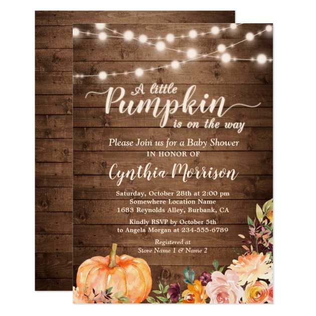 Rustic Pumpkin Baby Shower String Lights Floral Invitation