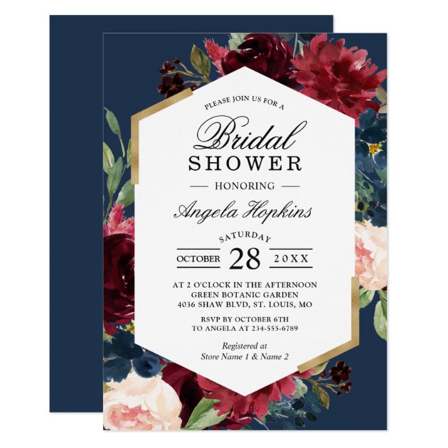 Burgundy Blue Floral Modern Vintage Bridal Shower Invitation