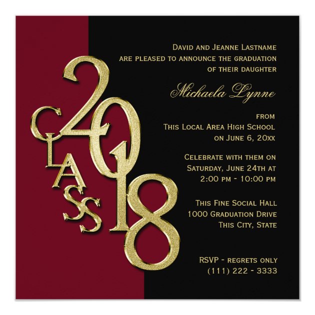 Class Of 2018 Grad Burgundy And Gold Invitation