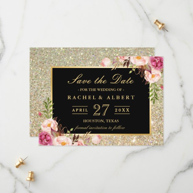 Wedding Save The Date | Trendy Gold Glitter Floral