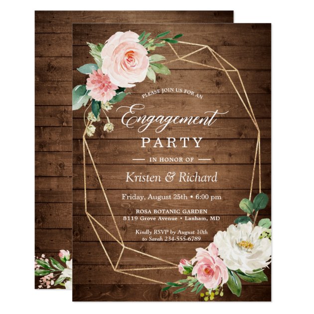 Rustic Geometric Blush Floral Engagement Party Invitation
