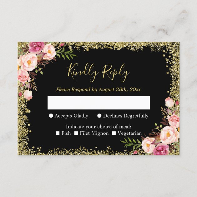 Black Gold Glitters Pink Floral Wedding RSVP Reply