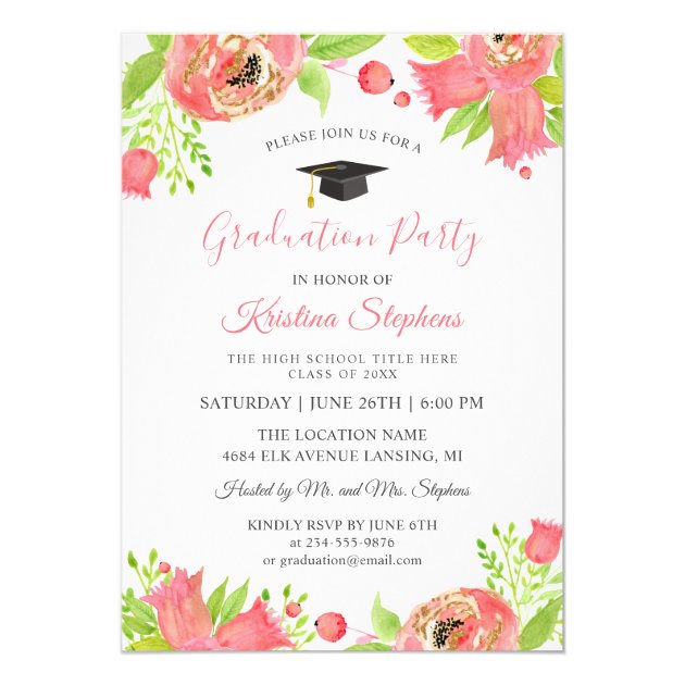 Coral Pink Flowers Spring Garden Graduation Party Invitation