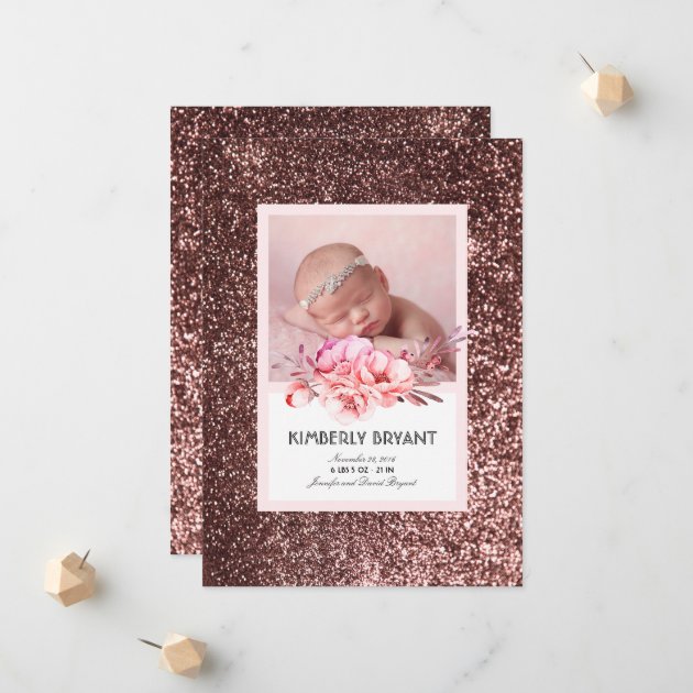 Rose Gold Glitter Floral Sweet Baby Girl Birth Announcement