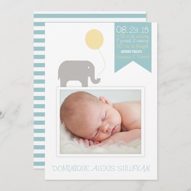 Elephant With Balloon Photo Birth Announcement