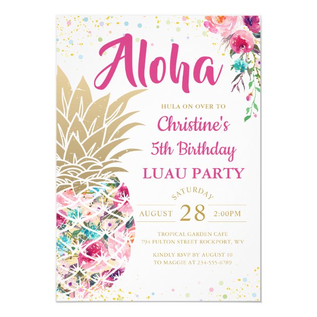 Tropical Pink Gold Pineapple Floral Luau Birthday Invitation