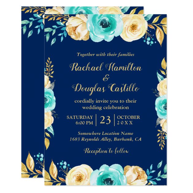 Wedding Navy Blue Teal Gold Floral Romantic Invitation