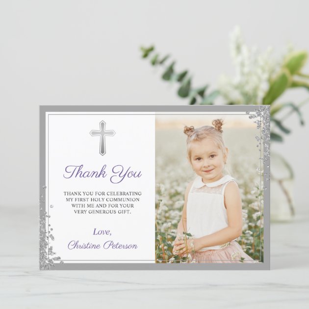 Silver Lavender Purple Communion Thank you Card