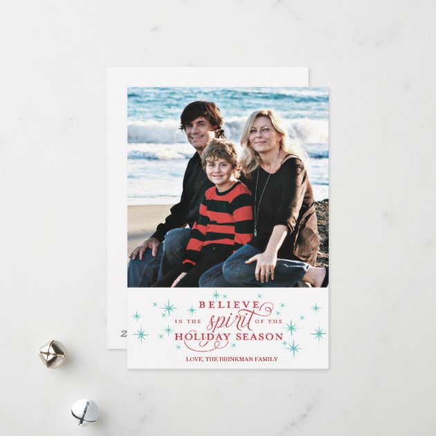 Twinkle Red Script & Blue Stars Holiday Photo Card