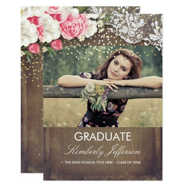Rustic Burlap Lace Gold Confetti Photo Graduation Card