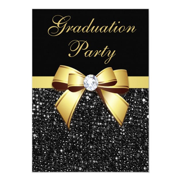 Graduation Party Faux Sequins Bow Black Gold Invitation