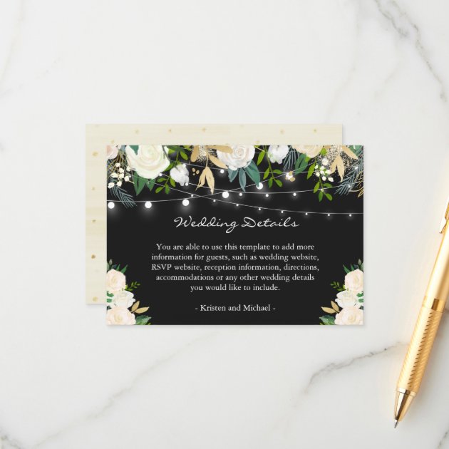 Ivory Cream Floral String Lights Wedding Details Enclosure Card